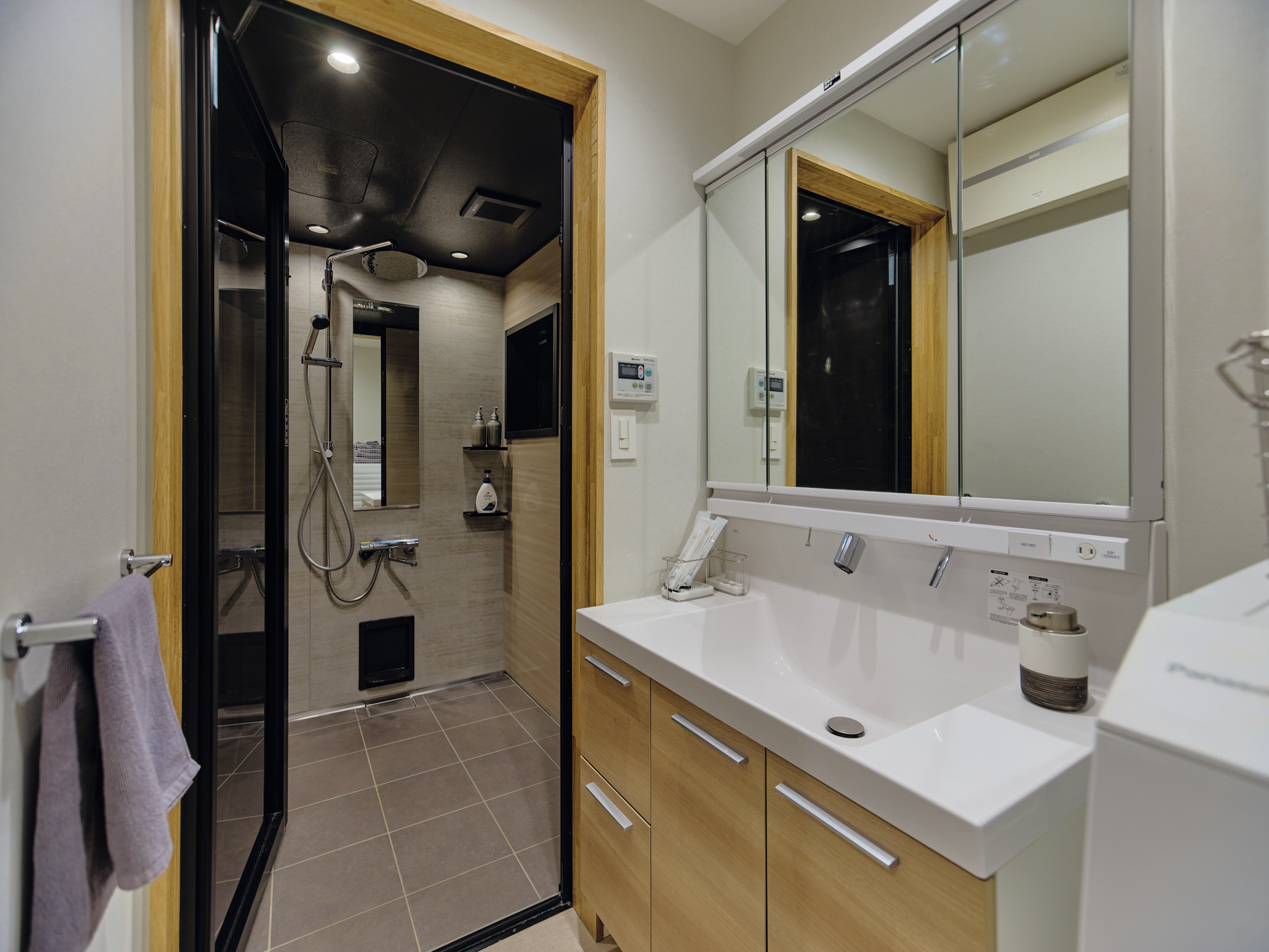 Modern bathroom featuring a shower area with a black-framed glass door, rain shower head, handheld shower, and built-in shelves, alongside a white sink with a large mirrored cabinet above, decorated with soap dispensers and a container.