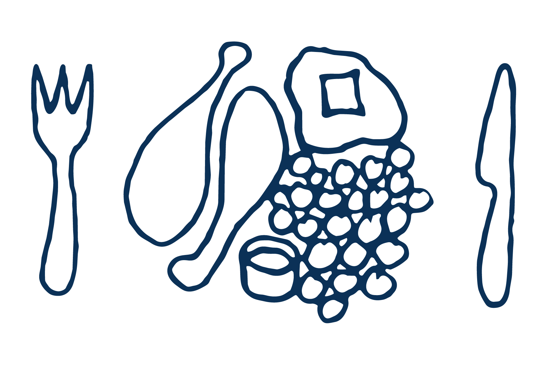 Line drawing of a plate of food with a fork on the left and a knife on the right. The plate contains various food items, including what appears to be a piece of meat, a serving of grains or pasta, and a vegetable.