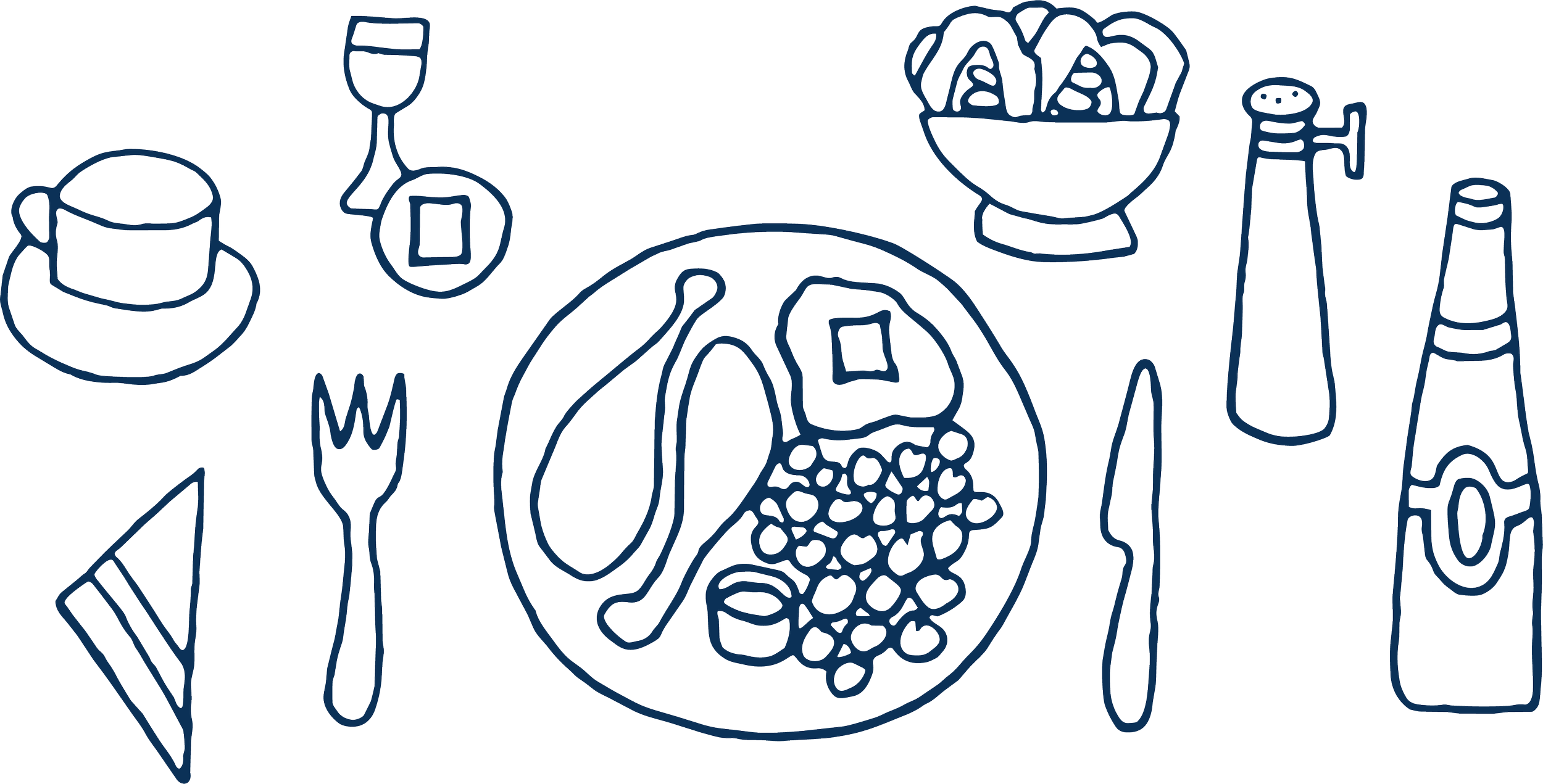 Line drawing of a table setting with a plate of spaghetti, a fork, a knife, a spoon, a cup and saucer, a small bowl of chips or fries, a salt shaker, a sauce bottle, a candle, and a paper napkin.