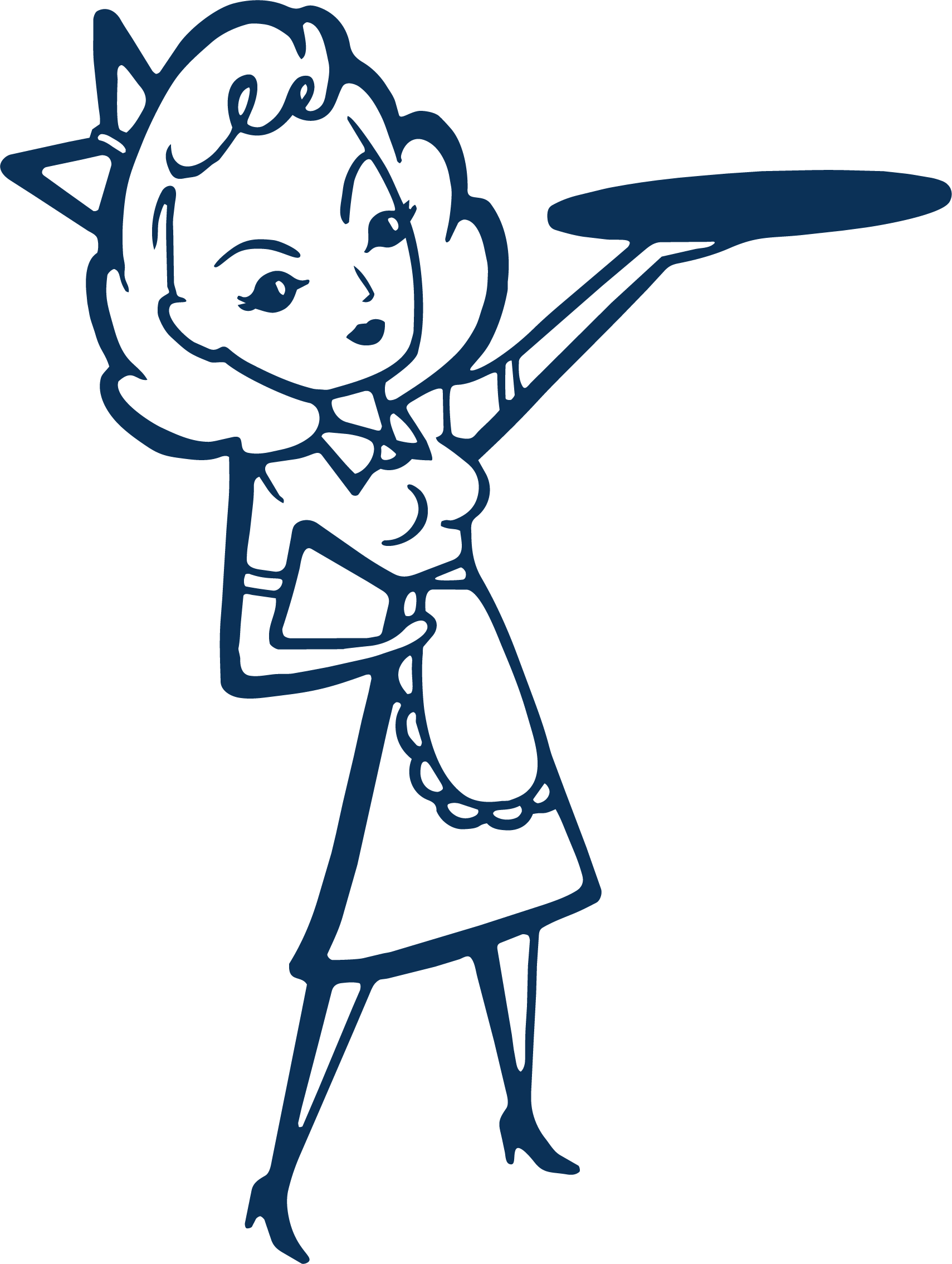 Line drawing of a sassy woman with cat ears, short curly hair, and a confident pose, holding a tray. She is dressed in a midriff top, a skirt with a lace apron, and high-heeled shoes.