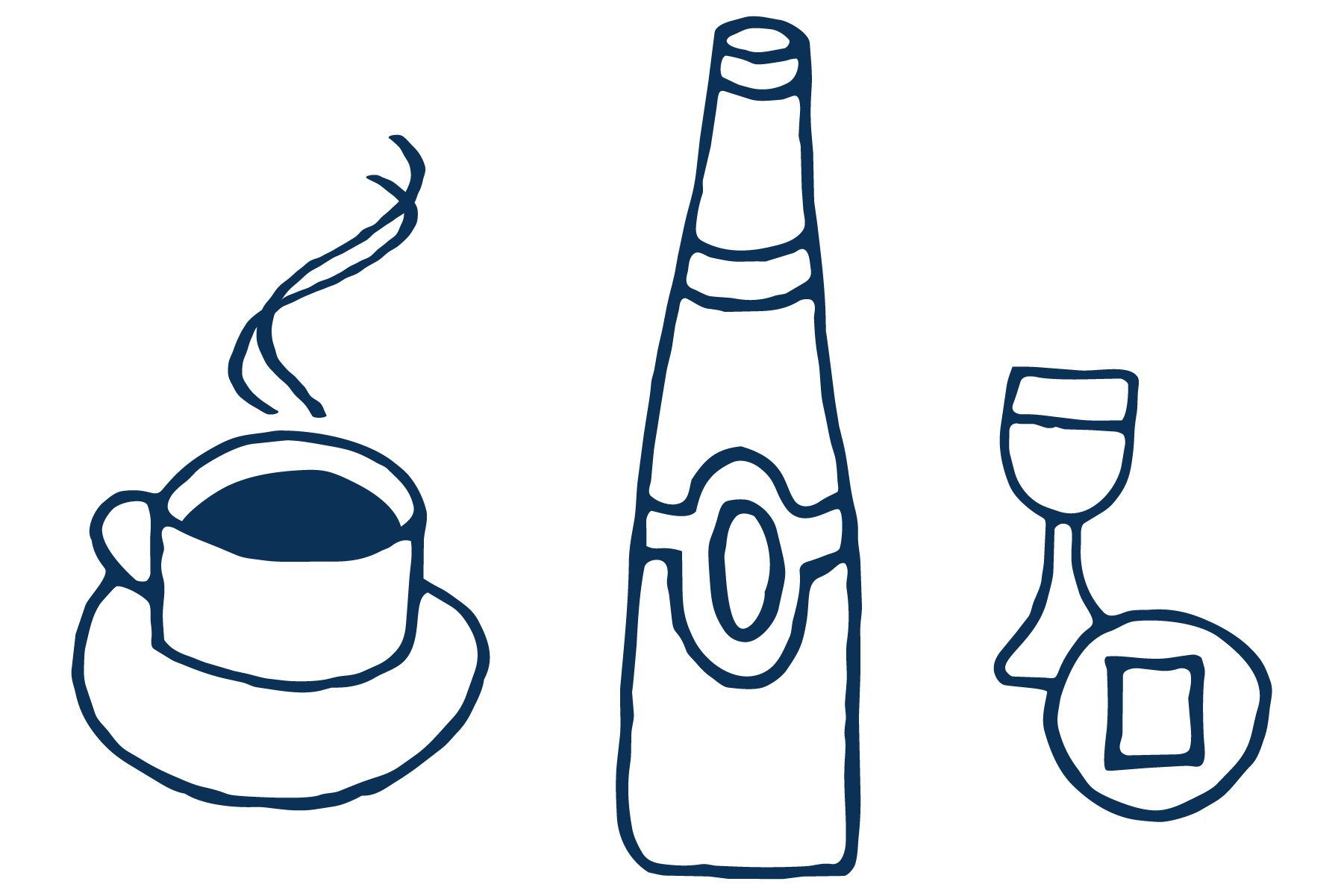 Sketch of a cup with steam, a bottle, and a glass of wine on a black background