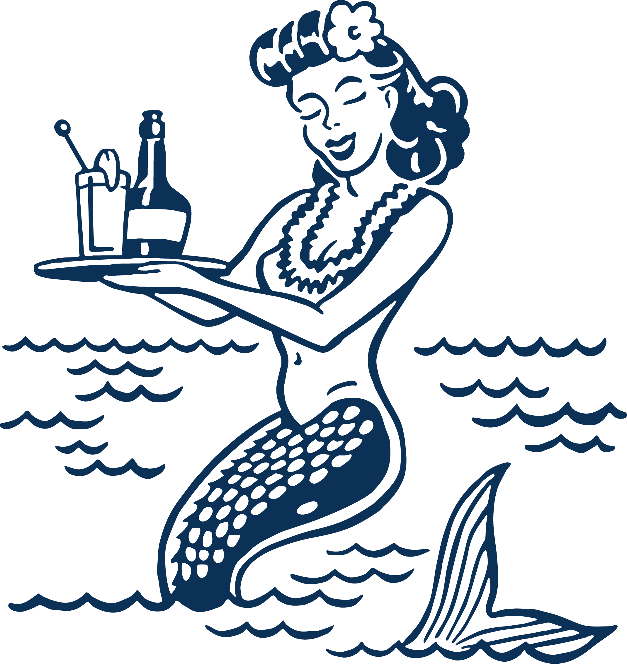 A cartoon illustration of a smiling mermaid with a fish tail, holding a tray with a bottle and two drinks on a beach or water setting.