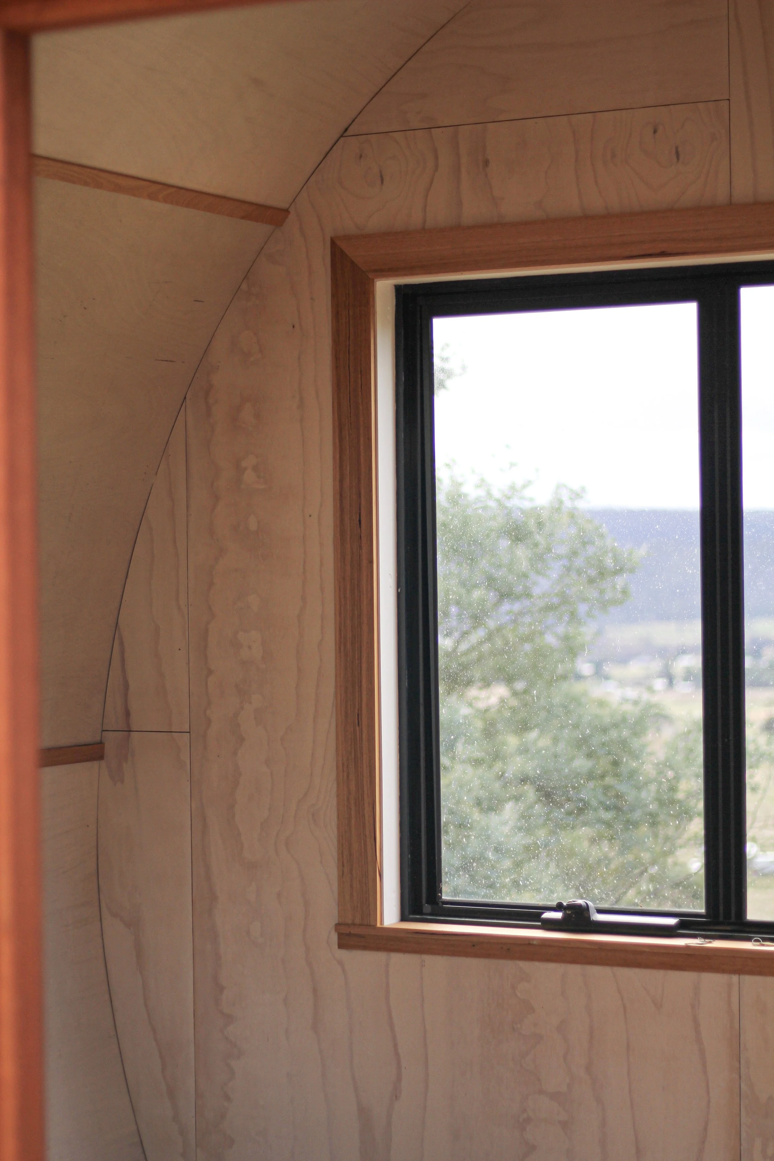Interior view of a room with unfinished plywood walls and a window showing a landscape with trees and distant hills.