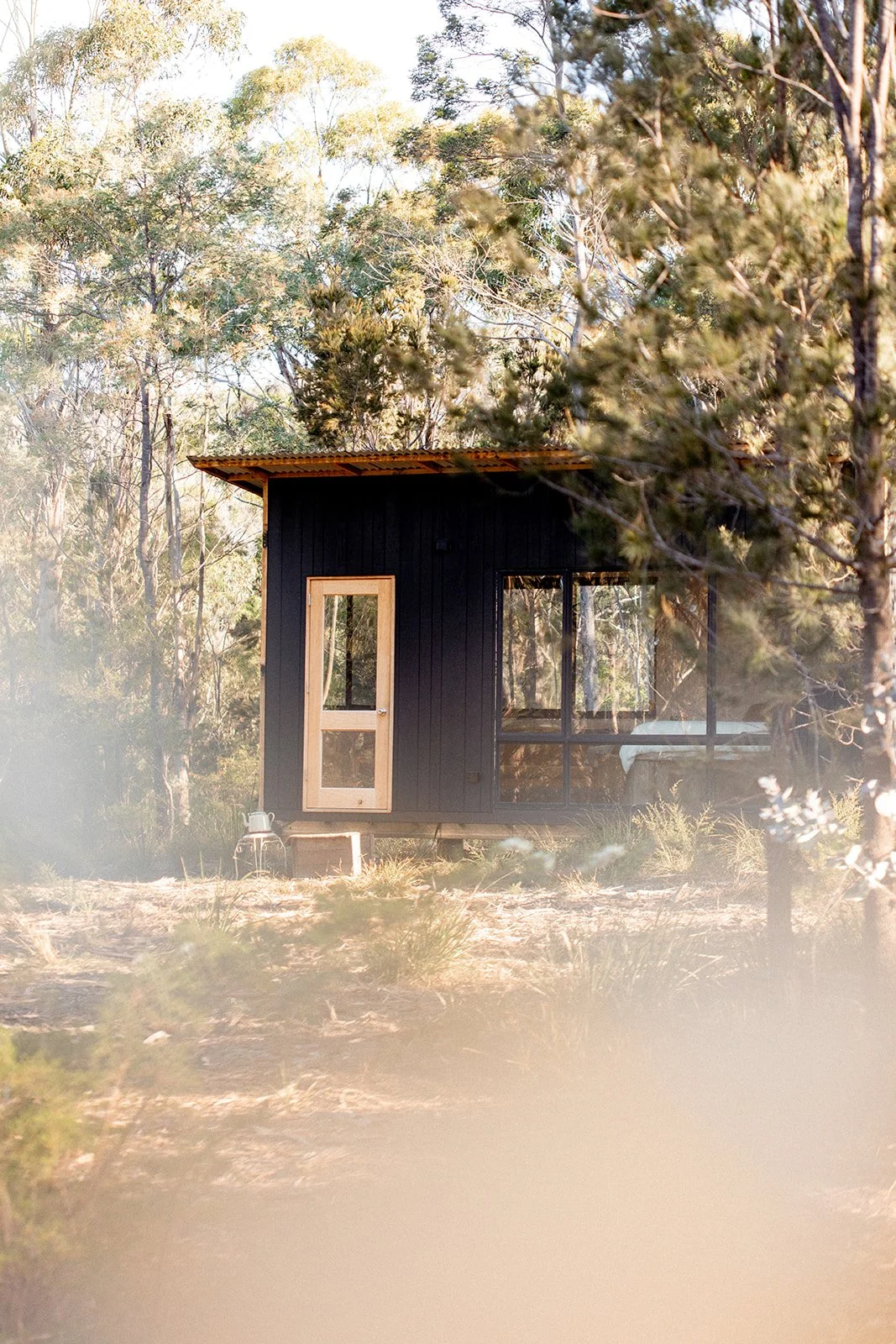 Small black house with a wooden door and large window, situated in a wooded area with tall trees. Outdoor furniture and a step are visible near the house.