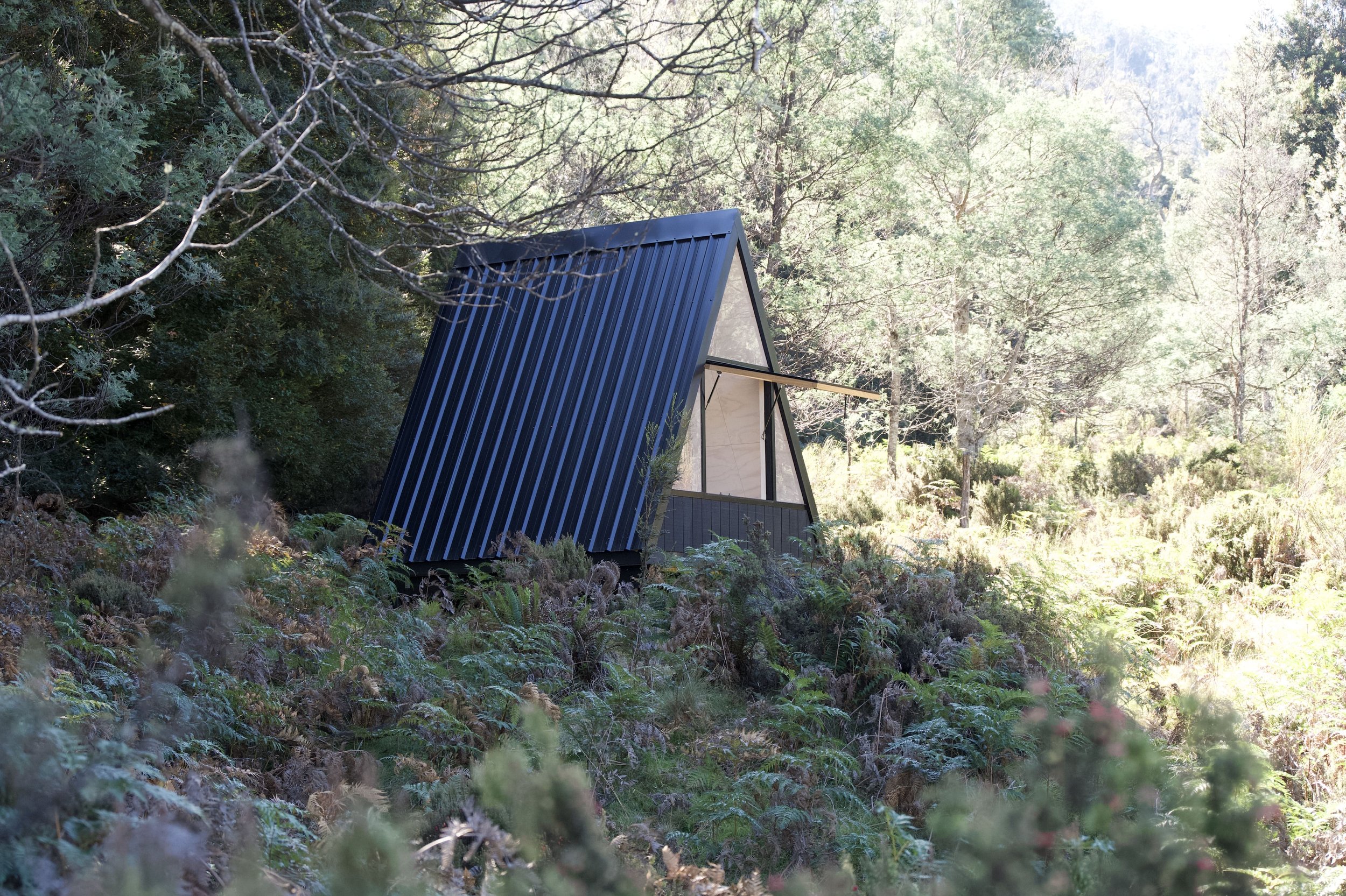 A small modern A-frame cabin with a sloped black metal roof, situated in a forest with tall trees and lush greenery.