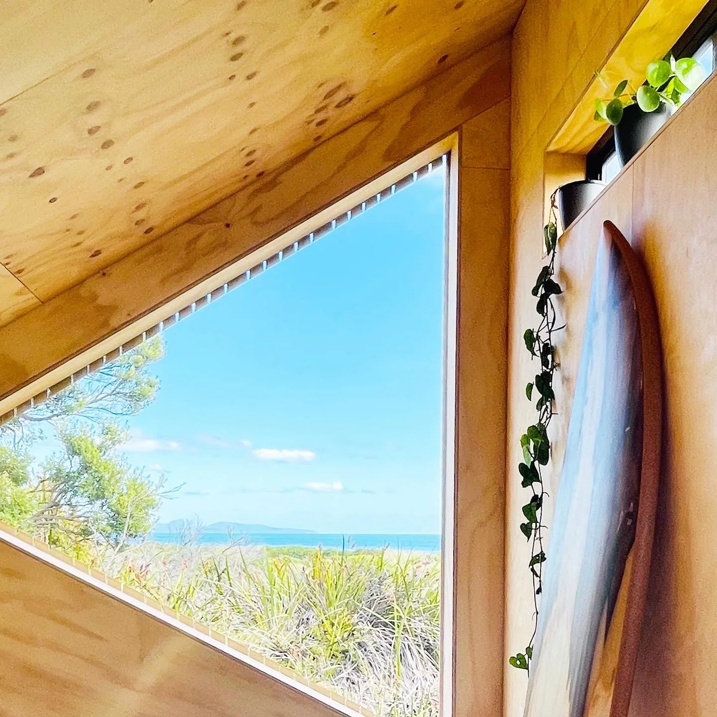 Interior view of a wooden room with a sloped ceiling, a window showing a coastal landscape with blue sky, clouds, trees, and ocean, and a decorative plant hanging on the wall.