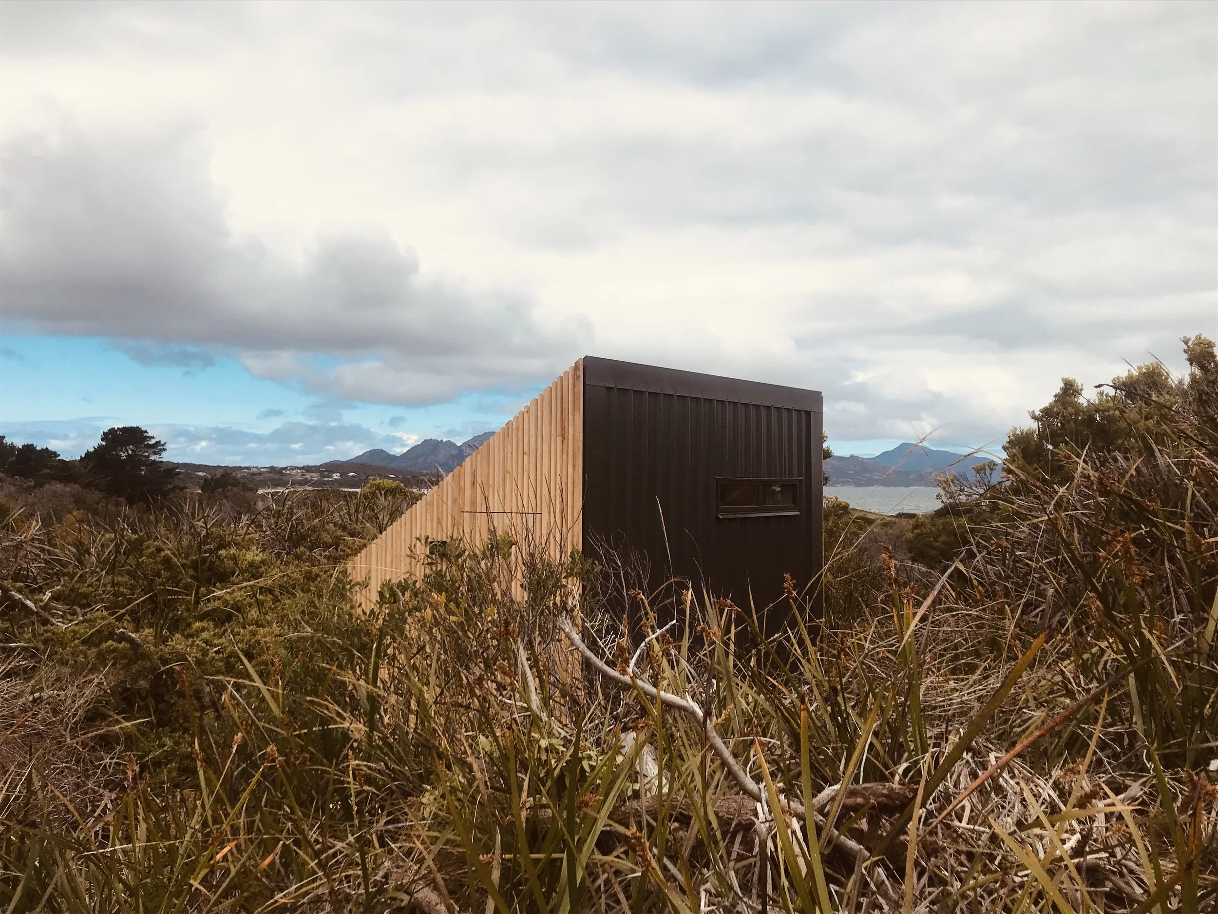 A modern black and wooden house with a small window, situated in a grassy, shrub-covered landscape with mountains and water in the background under a cloudy sky.
