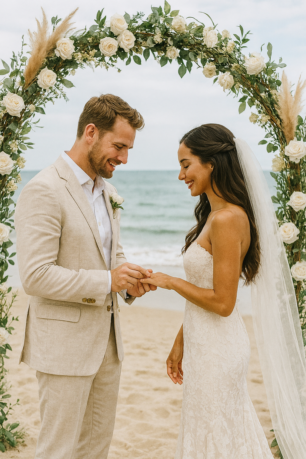 A man putting a wedding ring on a woman's finger, standing on a beach, under an arch of roses.