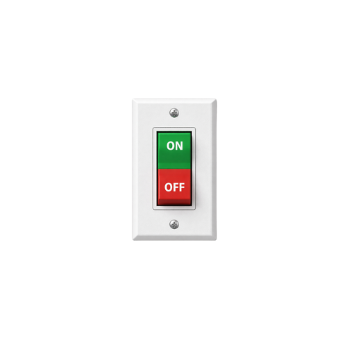 Close-up of a wall switch with green ON button and red OFF button.
