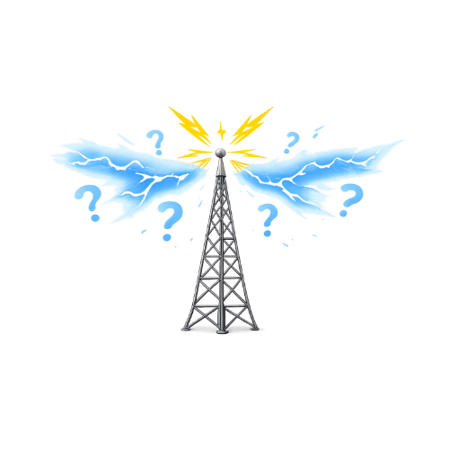 A digital illustration of a radio tower emitting signals with clouds and light beams around it.