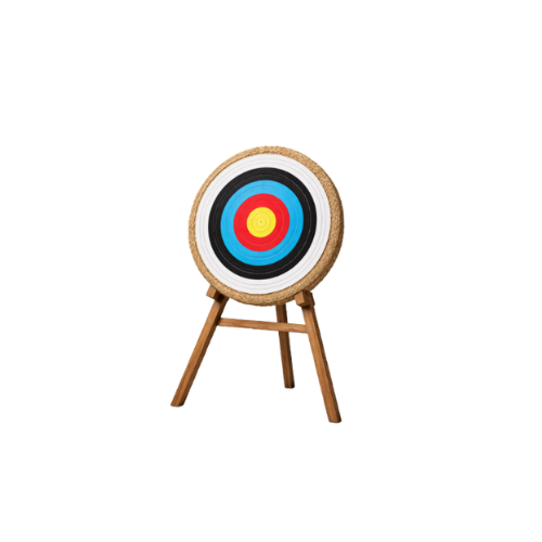 Archery target with concentric rings in yellow, red, blue, black, and white on a wooden stand.