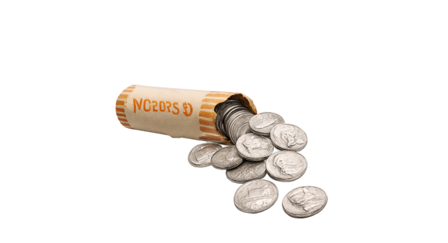 A roll of coins spilling out coins onto a transparent background.