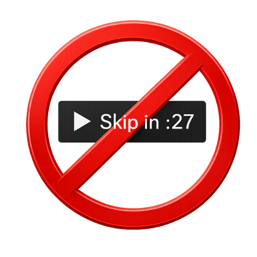 A video player interface showing a skip countdown, with a red prohibition sign overlay
