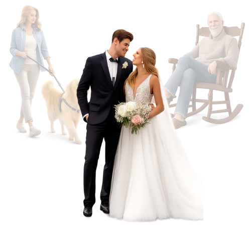 A newlywed couple in wedding attire smiling at each other, with a woman walking a dog on a leash and an older man sitting in a rocking chair, all against a pink background.