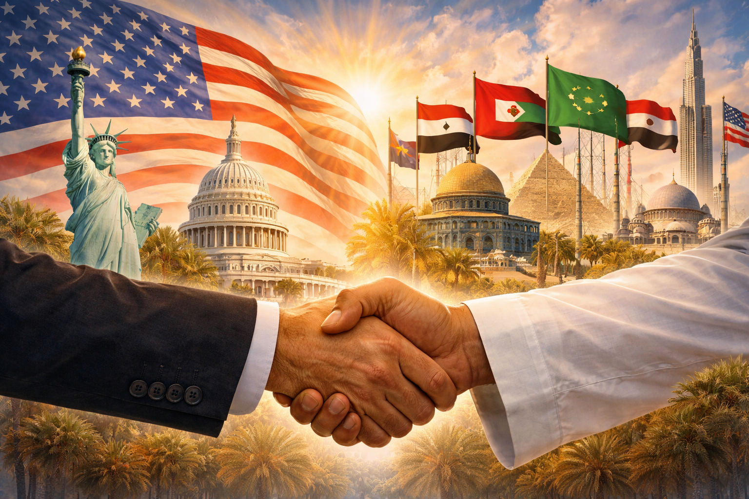 Handshake between two individuals in business attire with American, Egyptian, and other national flags, the Statue of Liberty, and iconic landmarks from Washington, D.C., and other countries in the background during sunset.