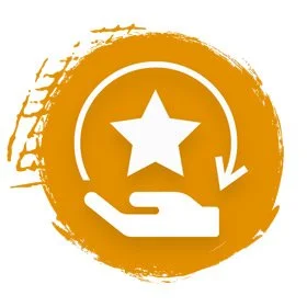 Icon of a white star inside a circle with an arrow, held by a hand, on a gold background with brushstroke design.