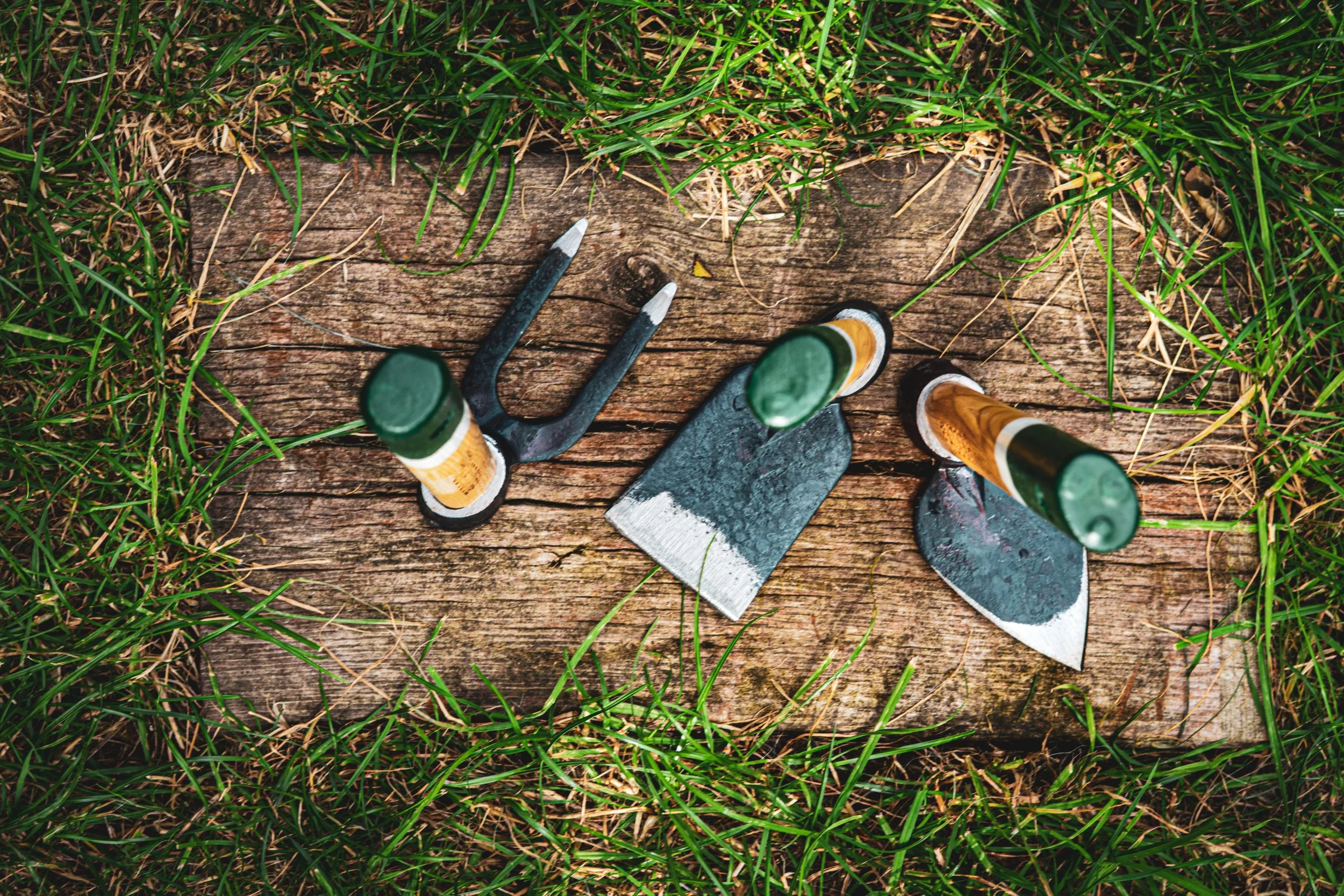 Garden tools and bottles placed on a wooden log among grass
