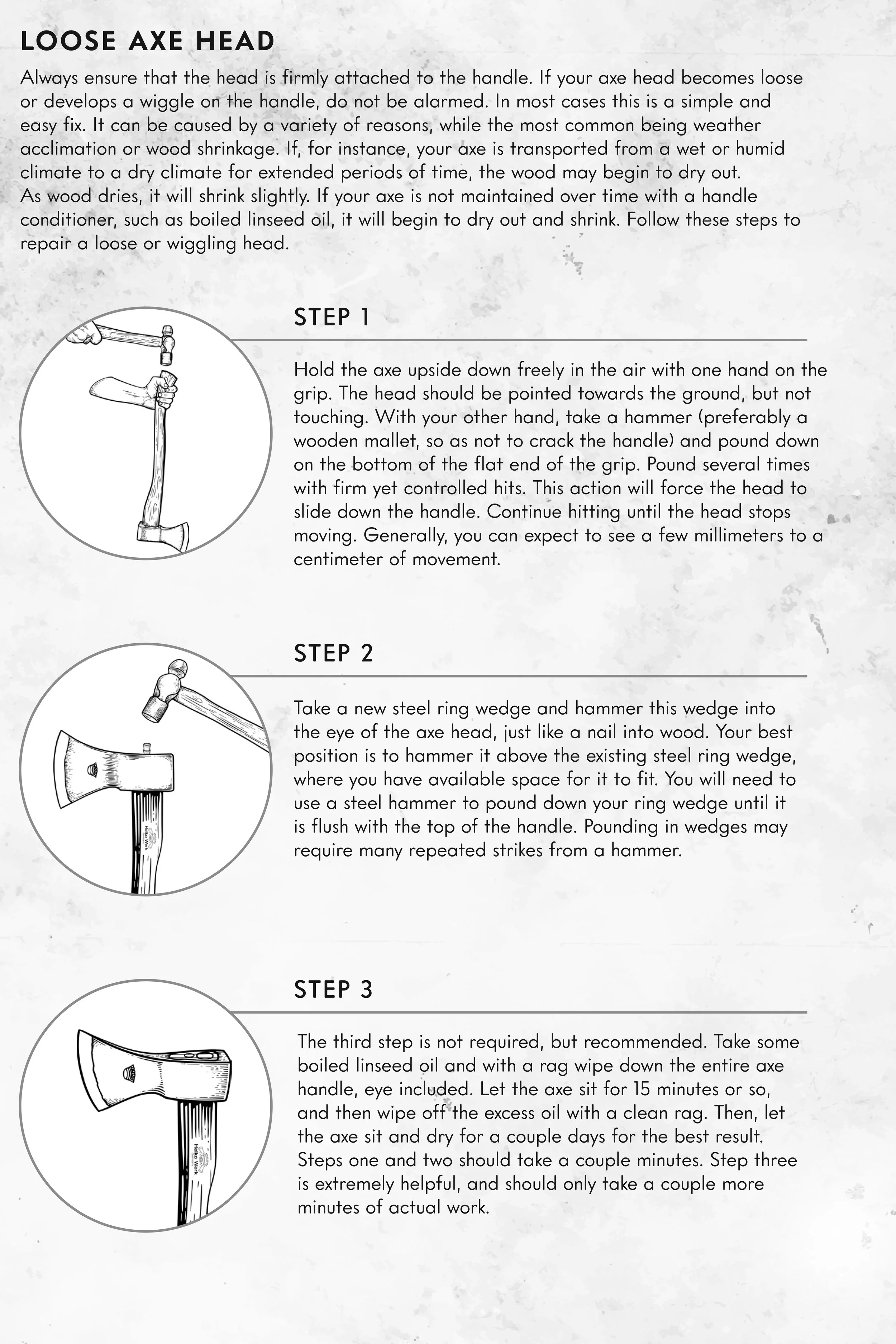 Instructions for repairing a loose axe head, including three steps with illustrations: Step 1 shows striking the axe handle with a hammer to loosen the head, Step 2 depicts hammering a steel ring wedge into the eye of the axe head, and Step 3 recommends oiling and cleaning the axe for maintenance.