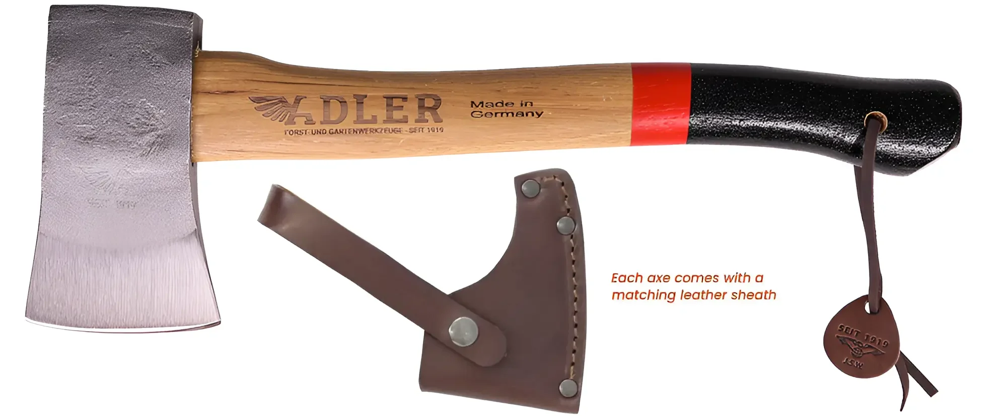 A German-made axe with a steel head, wooden handle labeled 'ADLER' and 'Made in Germany', and a brown leather sheath. The axe features a leather strap with a tag engraved with 2019 and a winged emblem.