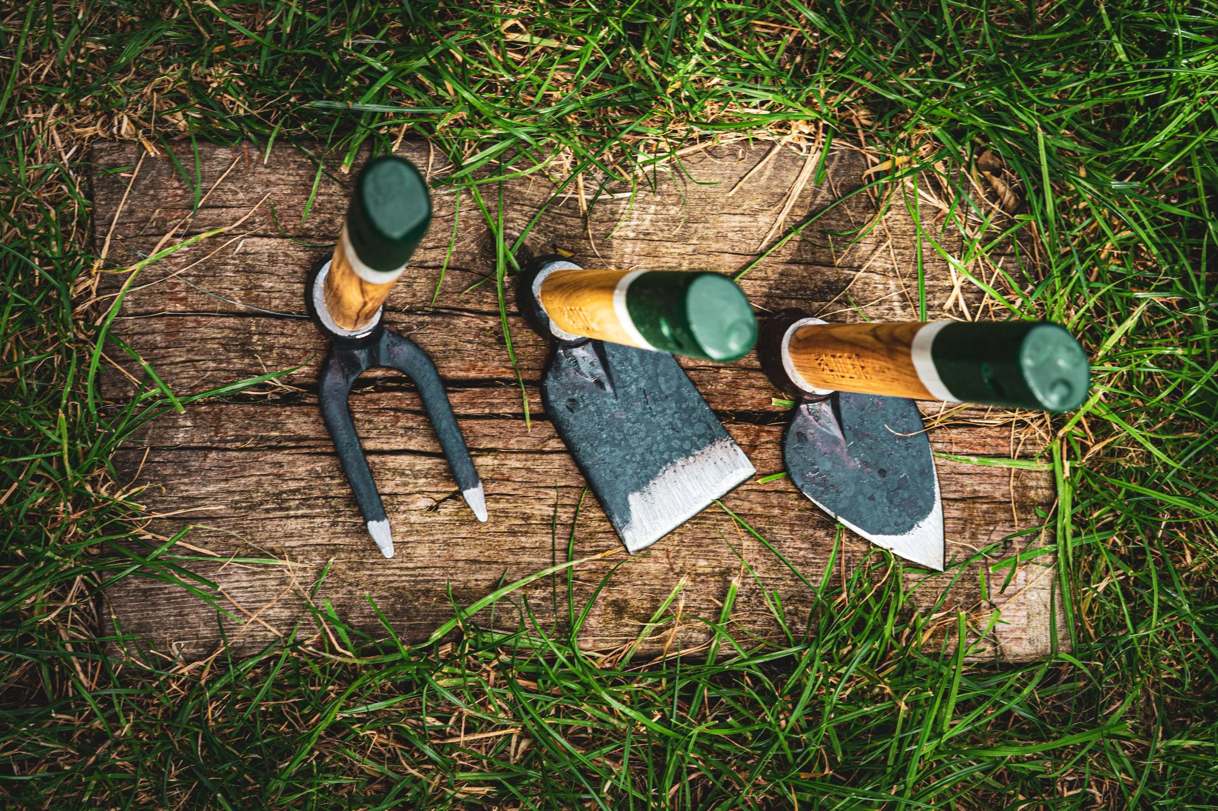 Three gardening hand tools with wooden handles placed on a weathered wooden surface surrounded by green grass.