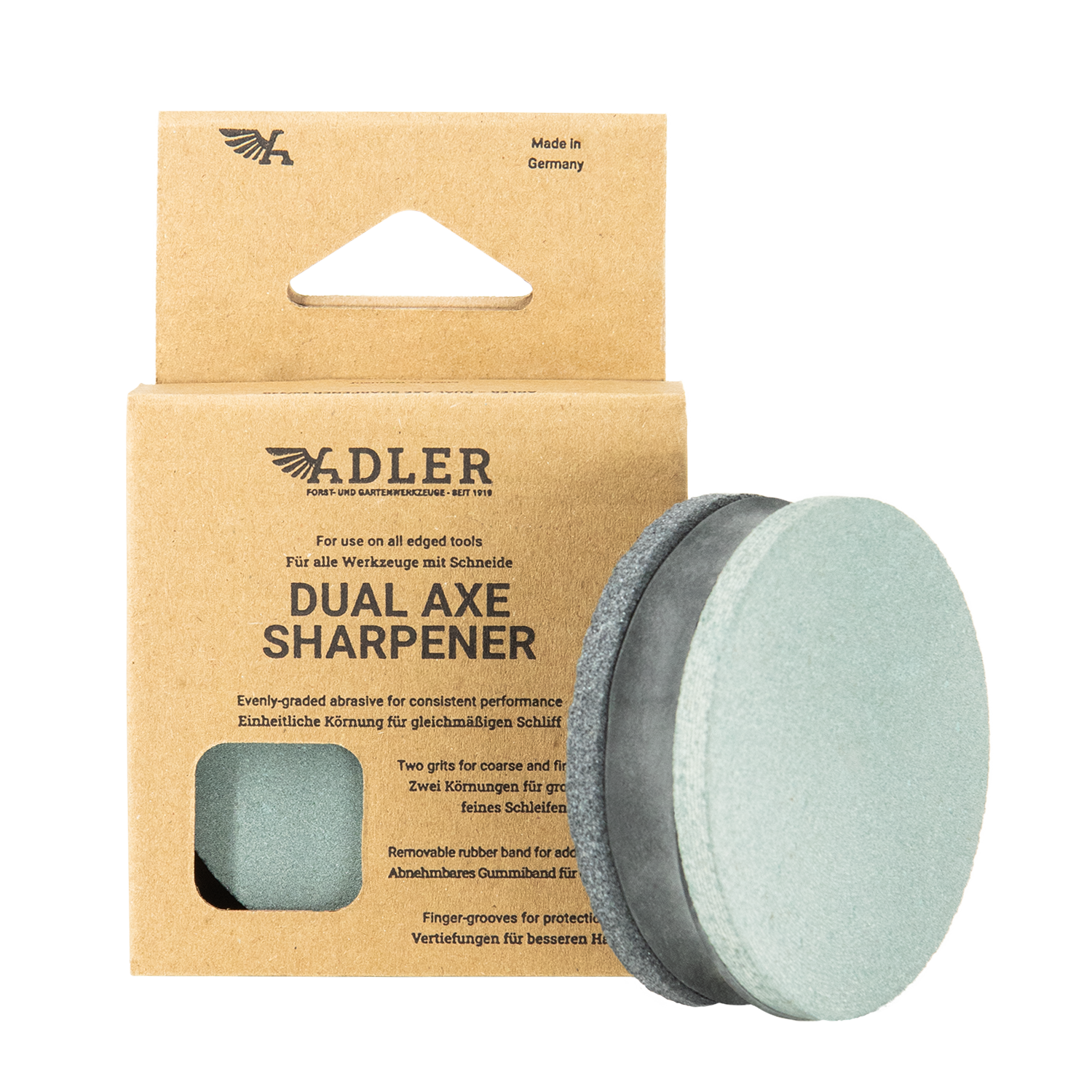 Close-up of axe blade edge showing bevel and finish detail