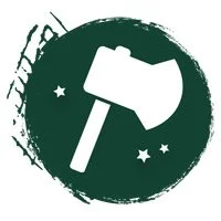 Green circular background with white axe icon in the center, surrounded by small stars and dots.