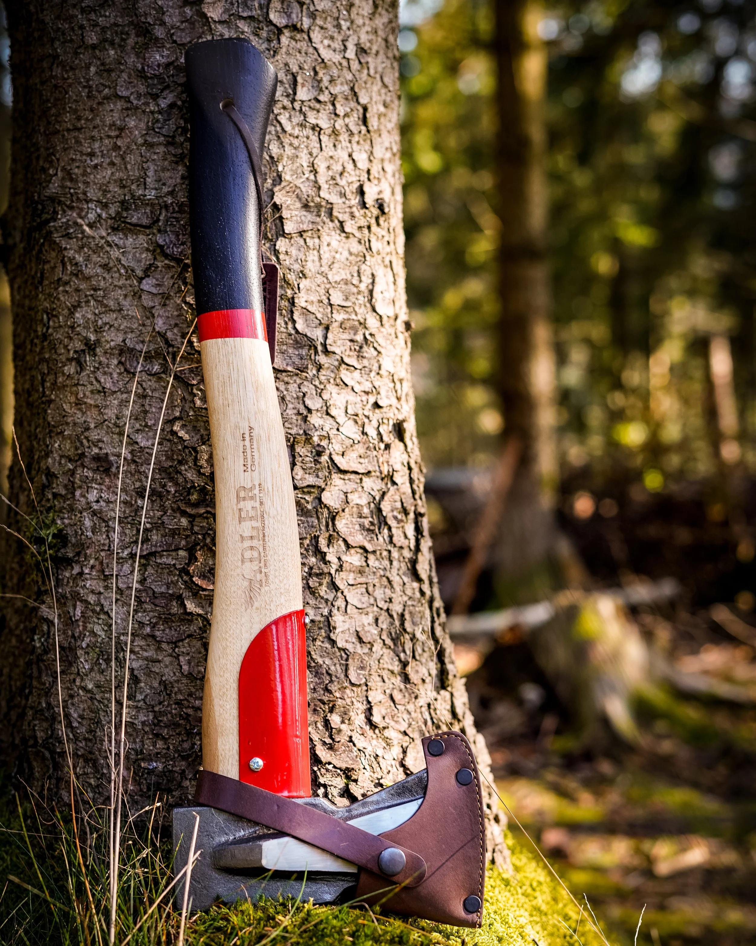 An axe with a wooden handle and a black, red, and silver head, leaning against a tree trunk in a forest.