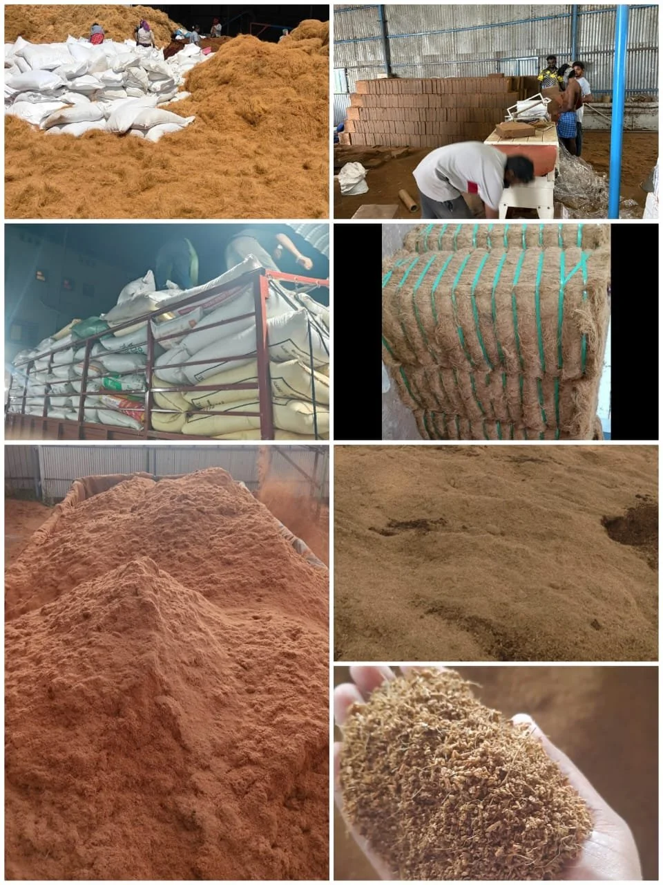 Various images of raw materials including sacks of flour, bricks, and different types of dried powders and herbs in a manufacturing or processing facility.