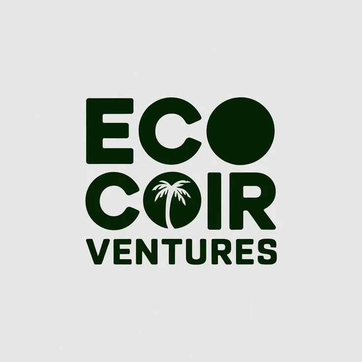 Logo with the words "Eco Coir Ventures" in bold, dark green letters, featuring a palm tree illustration in place of the "O" in "Coir."