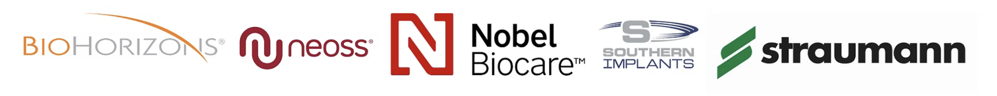 Logos of BioHorizons, Neoss, Nobel Biocare, Southern Implants, and Straumann displayed horizontally.