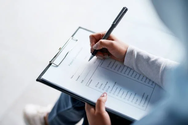 Person filling out a form on a clipboard with a black pen.