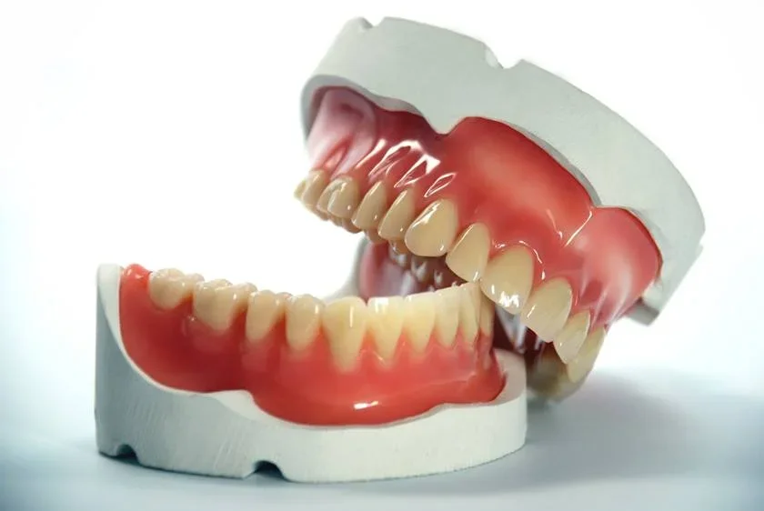 A dental model showing upper and lower teeth in an open position.