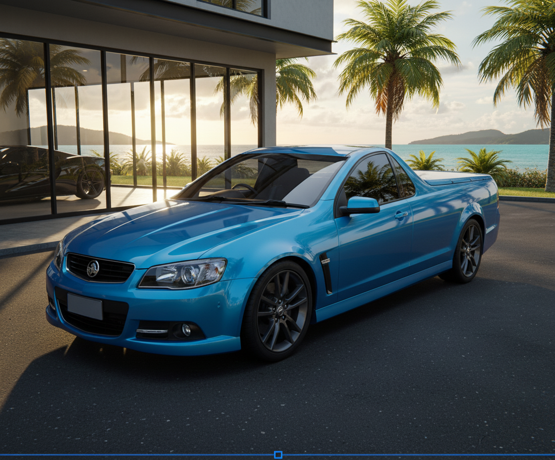Blue pickup truck parked outside a modern house with tropical palm trees and ocean view, during sunset.