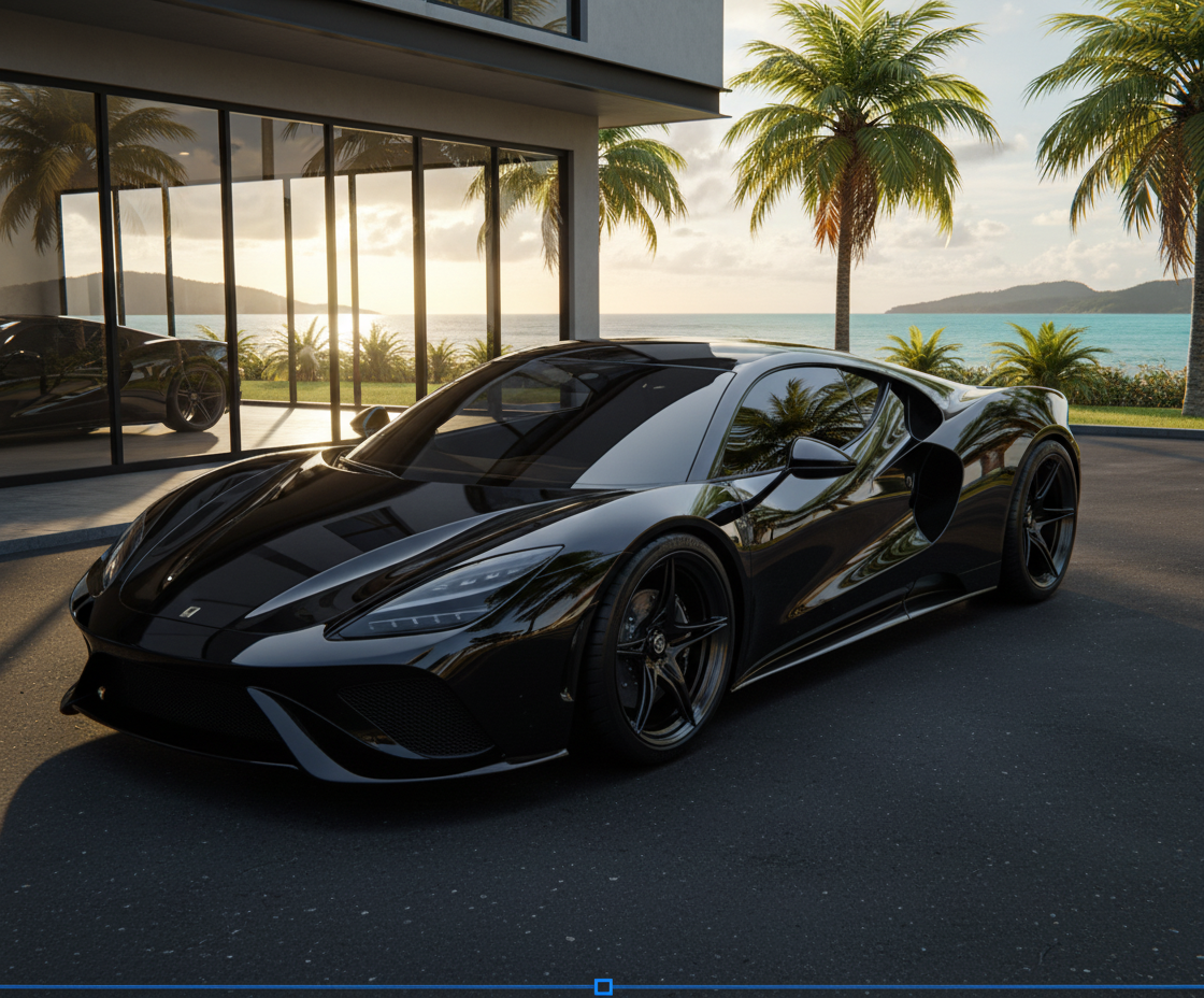 A sleek black sports car parked outside a modern building with large glass windows, overlooking a tropical beach with palm trees and ocean at sunset.