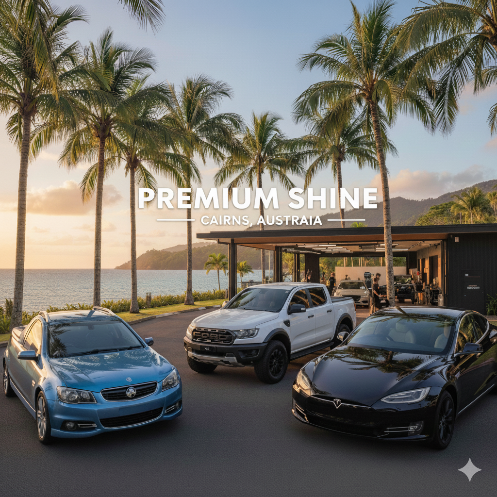 Luxury cars parked outside a modern building at a tropical coastal location with palm trees, ocean, and mountains in the background, during sunset. Text overlay: "Premium Shine, Cairns, Australia."