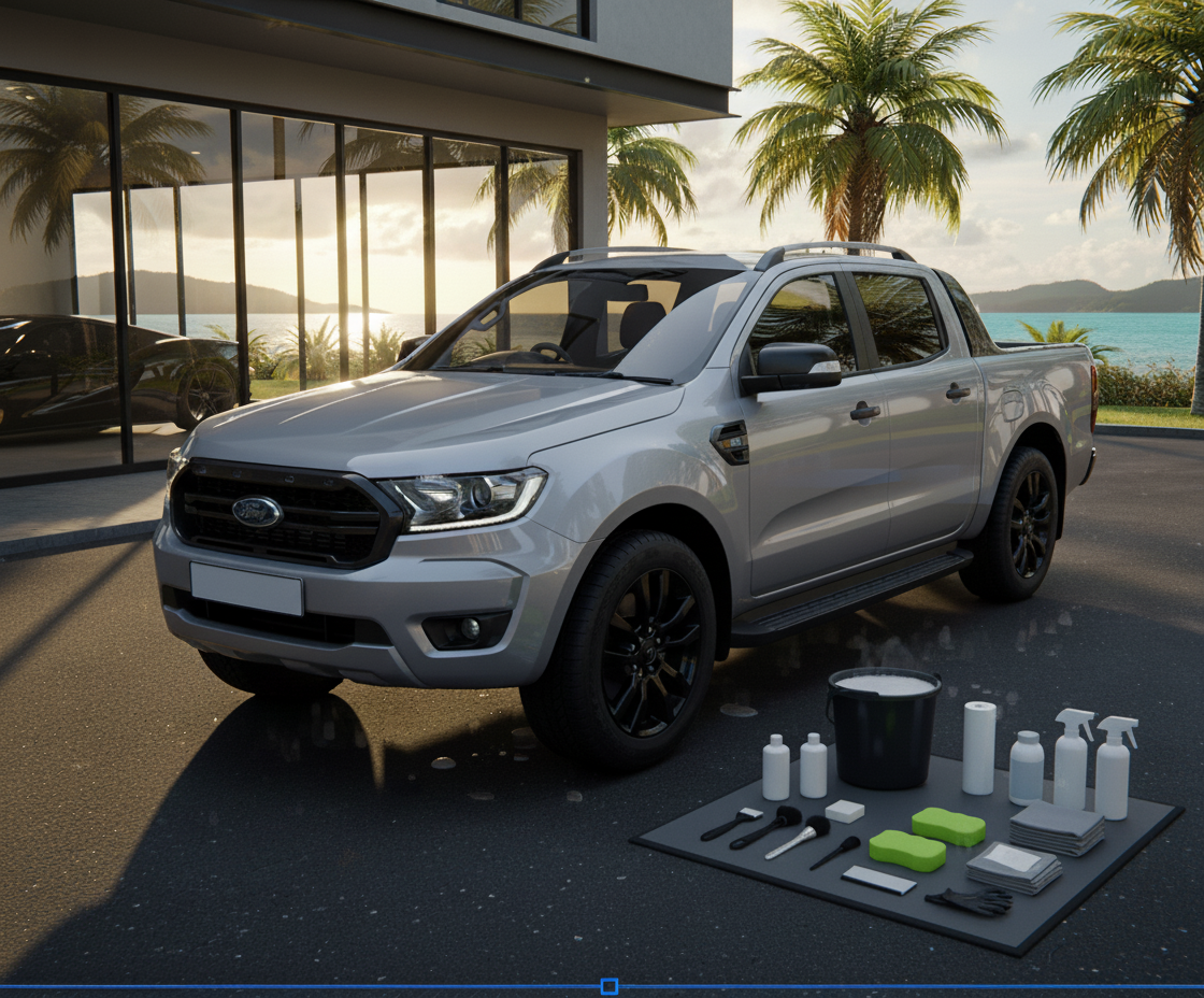 A silver Ford pickup truck parked outdoors in front of a modern glass building, with a tropical landscape and ocean in the background. In front of the truck, a cleaning supplies setup includes a black bucket, bottles, spray bottles, sponges, brushes, and cleaning cloths on a black mat.