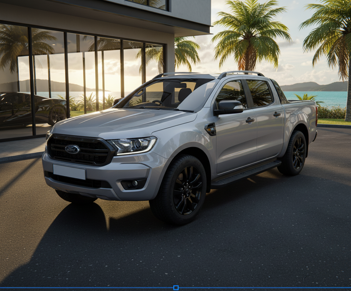 A silver Ford pickup truck parked outside a modern building with large glass windows, palm trees, and tropical scenery in the background.