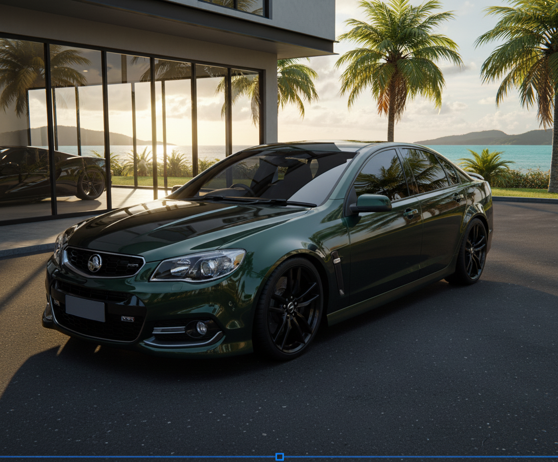 A green sports sedan parked outside a modern house with large glass windows, palm trees, and a view of the ocean at sunset.