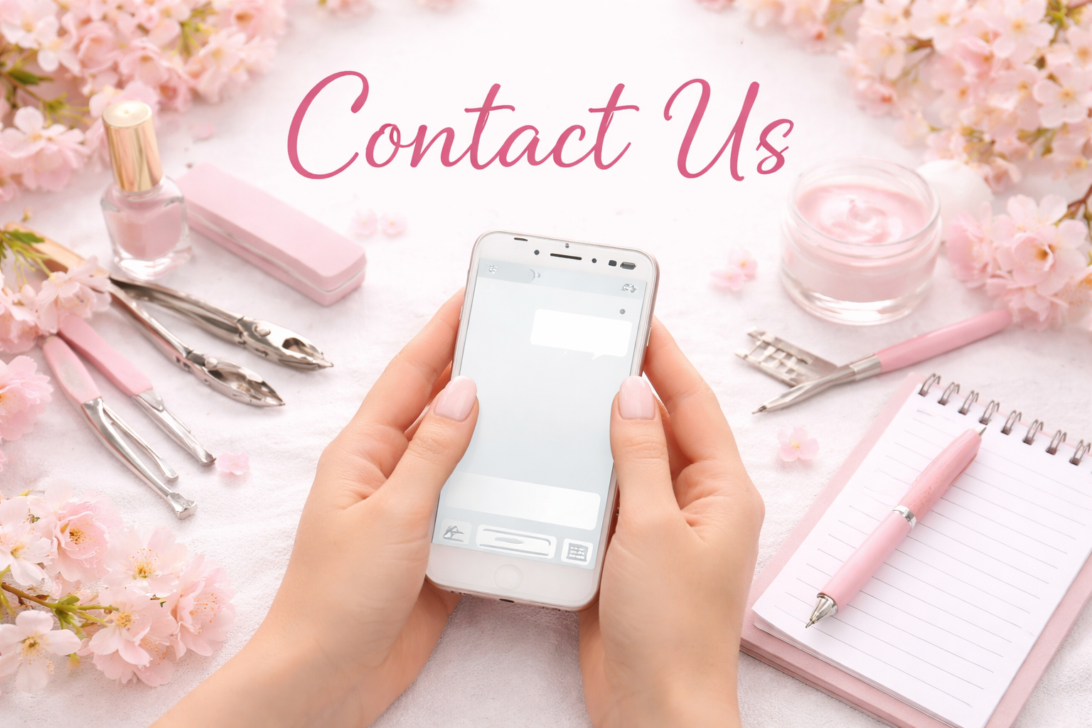 A pink-themed vanity station with nail polish, manicure tools, a notebook, and a pen, with the words 'Contact Us' written above.