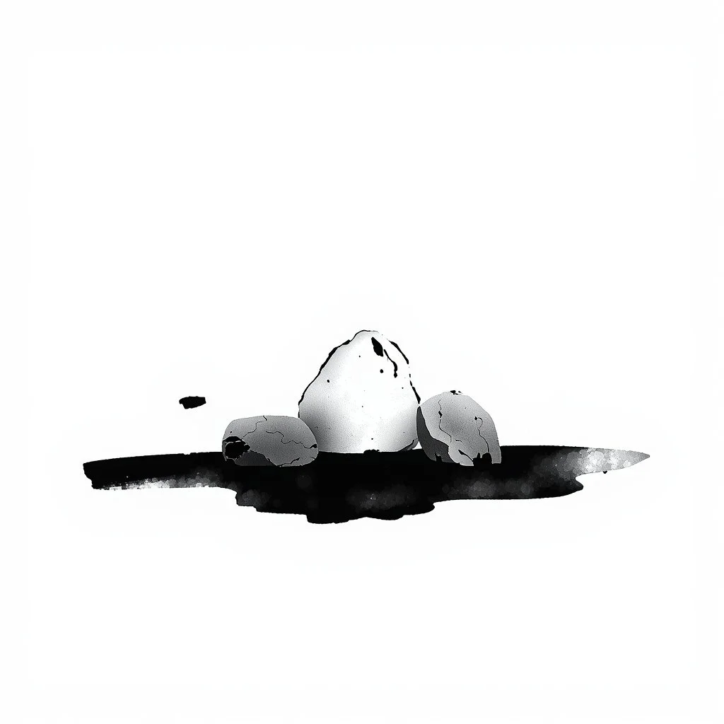 A watercolor illustration of three eggs, with one large egg in the center and two smaller eggs on either side, on a dark surface.