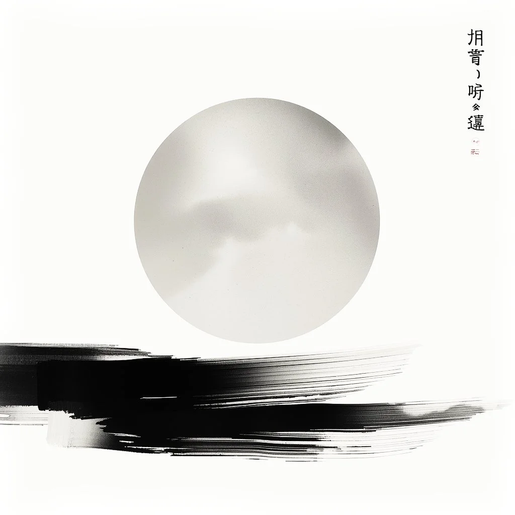 Minimalist artwork with a large gray circle resembling the moon, black brushstrokes at the bottom, and Asian calligraphy on the right side.