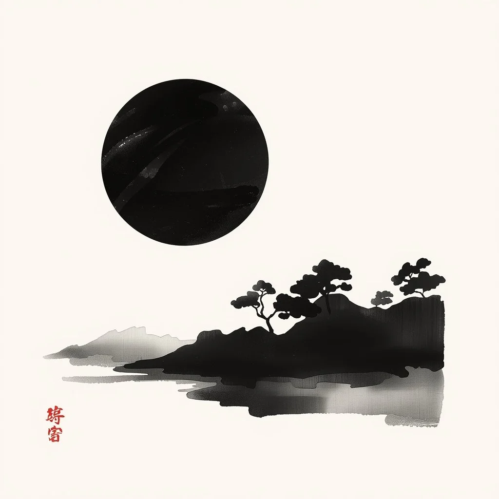 Traditional Japanese ink painting depicting a landscape with trees on a hillside, a body of water, and a large black moon in the sky, with red Japanese characters in the corner.