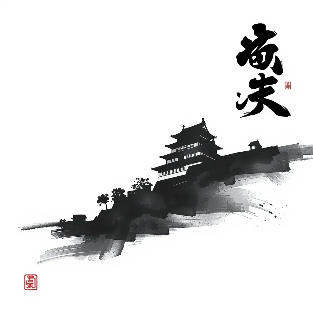 A black and white digital illustration of a traditional Asian temple built on a hill, with trees around it, featuring Chinese calligraphy characters on the right side and red seals at the bottom corners.
