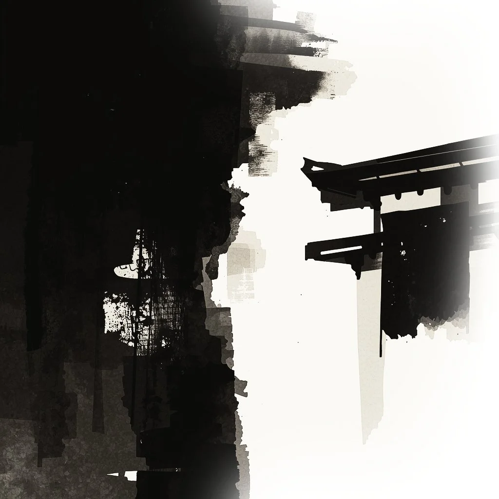 Silhouette of traditional Japanese temple roofline against a city skyline with industrial structures in the background.