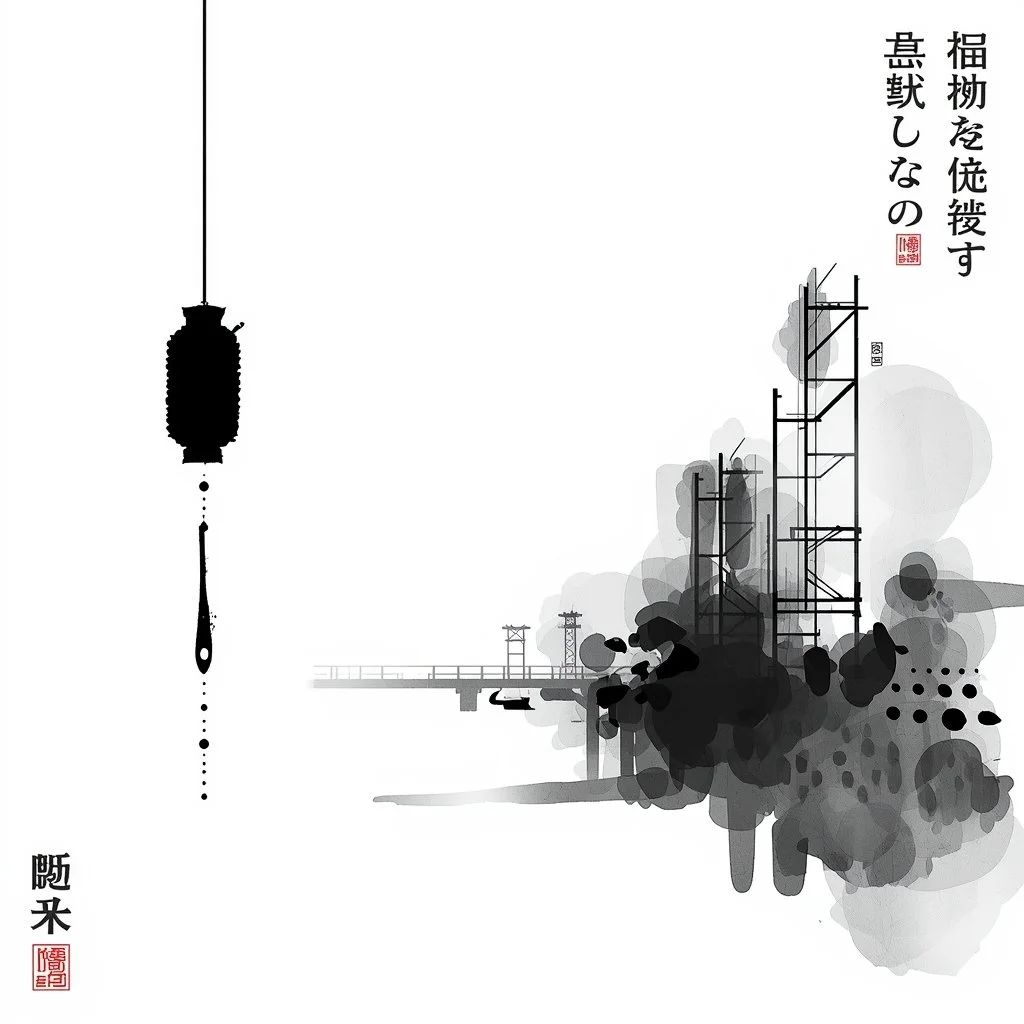 Minimalist black and white illustration of an oil refinery with smokestacks emitting dark smoke, with Japanese calligraphy on the right side and a black ink wash painting style.