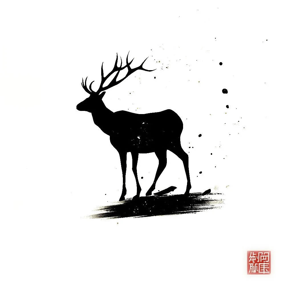 Silhouette of a deer with large antlers standing on a flat surface, with black ink splatters around it and a red stamp in the bottom right corner.