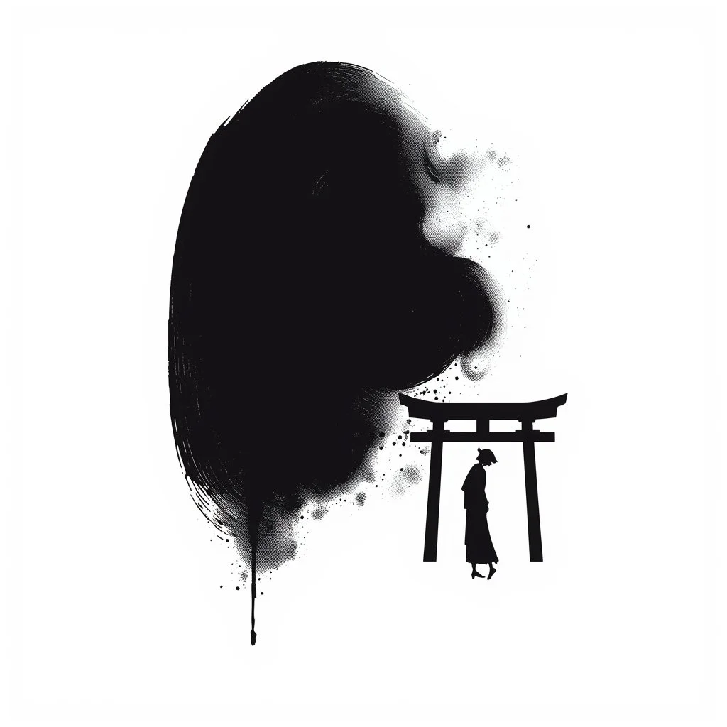 Black and white artistic illustration featuring a woman in traditional Japanese attire standing near a torii gate, with a large, abstract ink splash in the background.