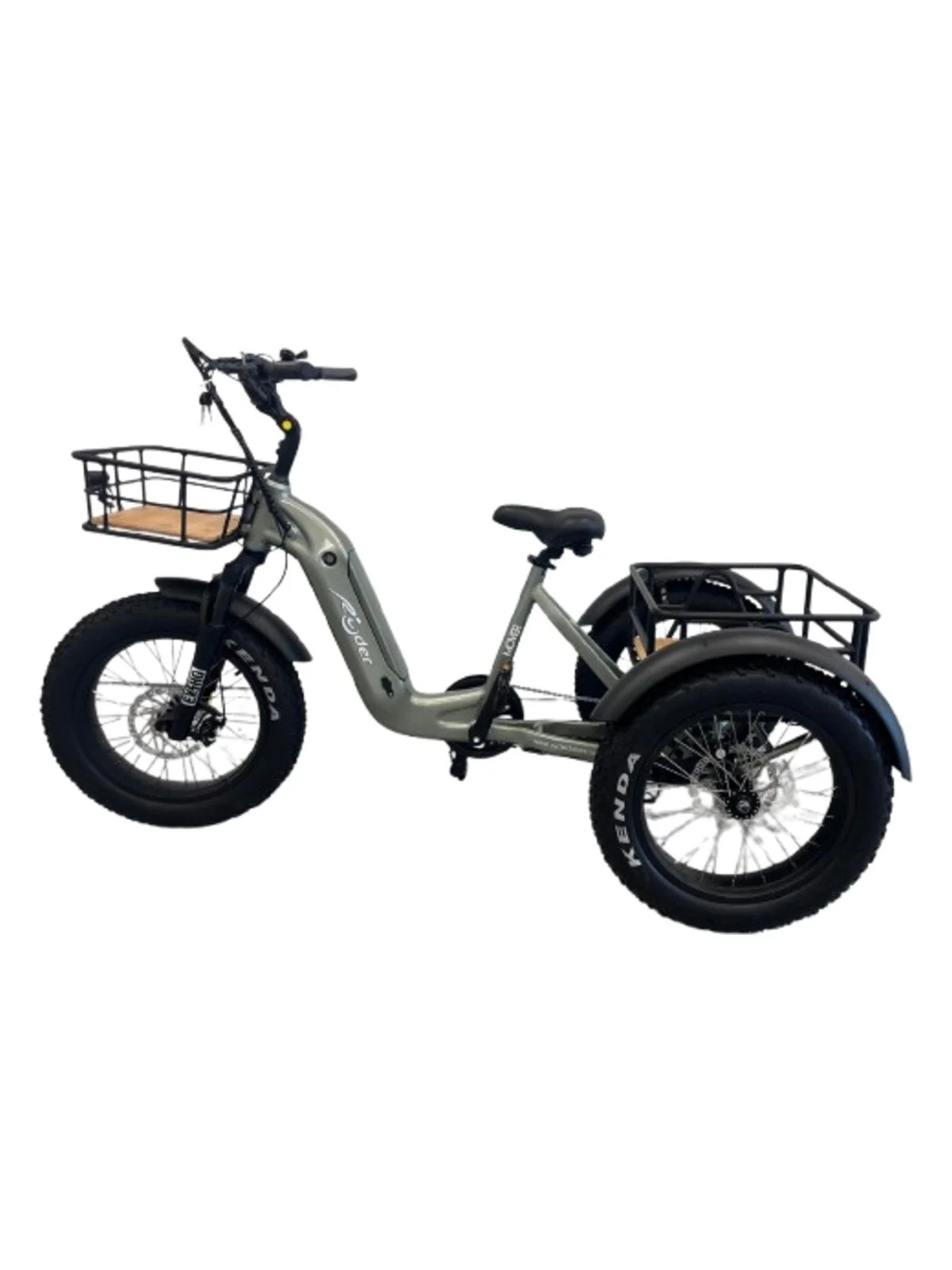 Green Ryder Drover e-trike with timber base rear crate