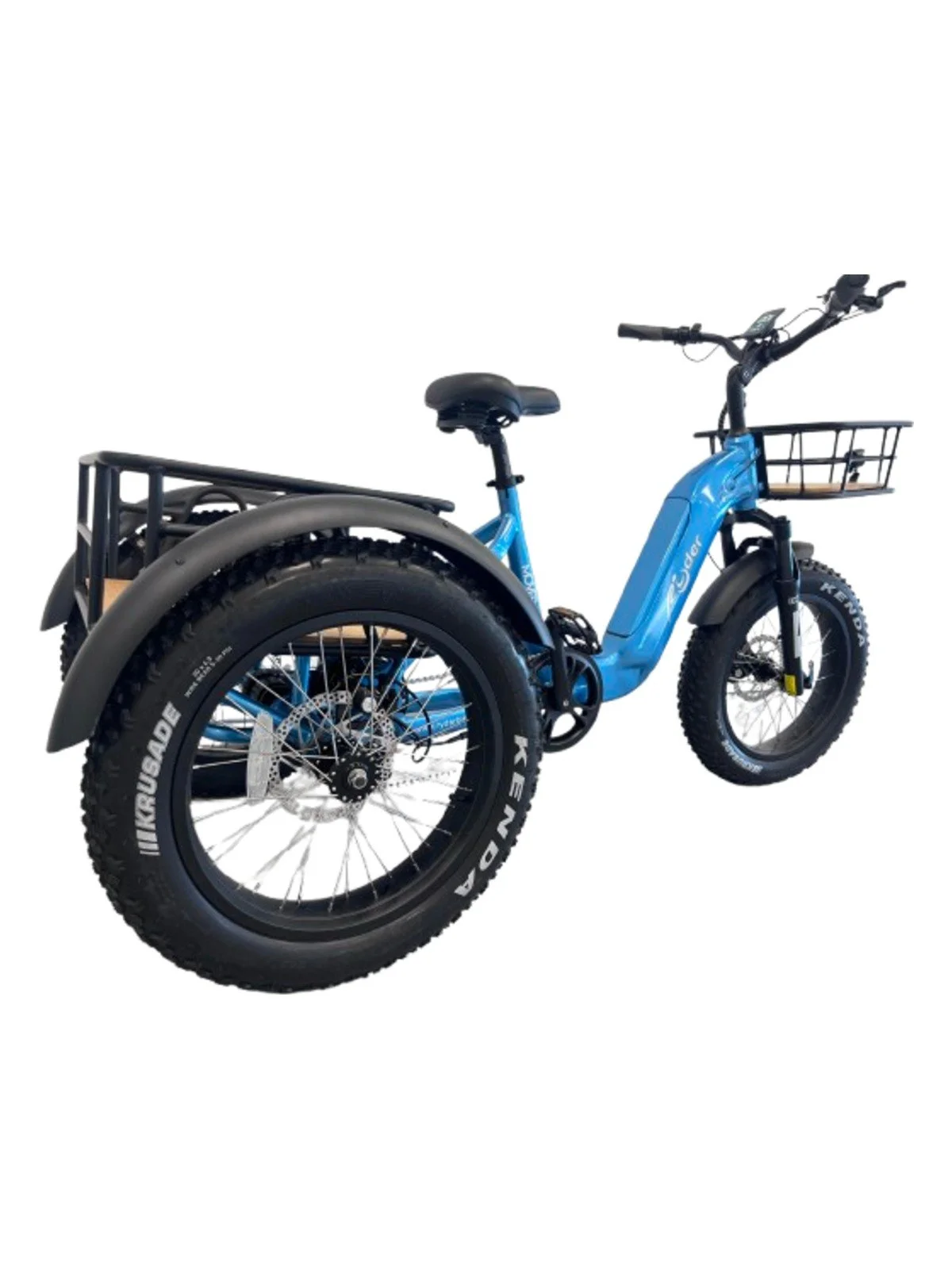 Blue Ryder Drover e-trike rear three quarter view