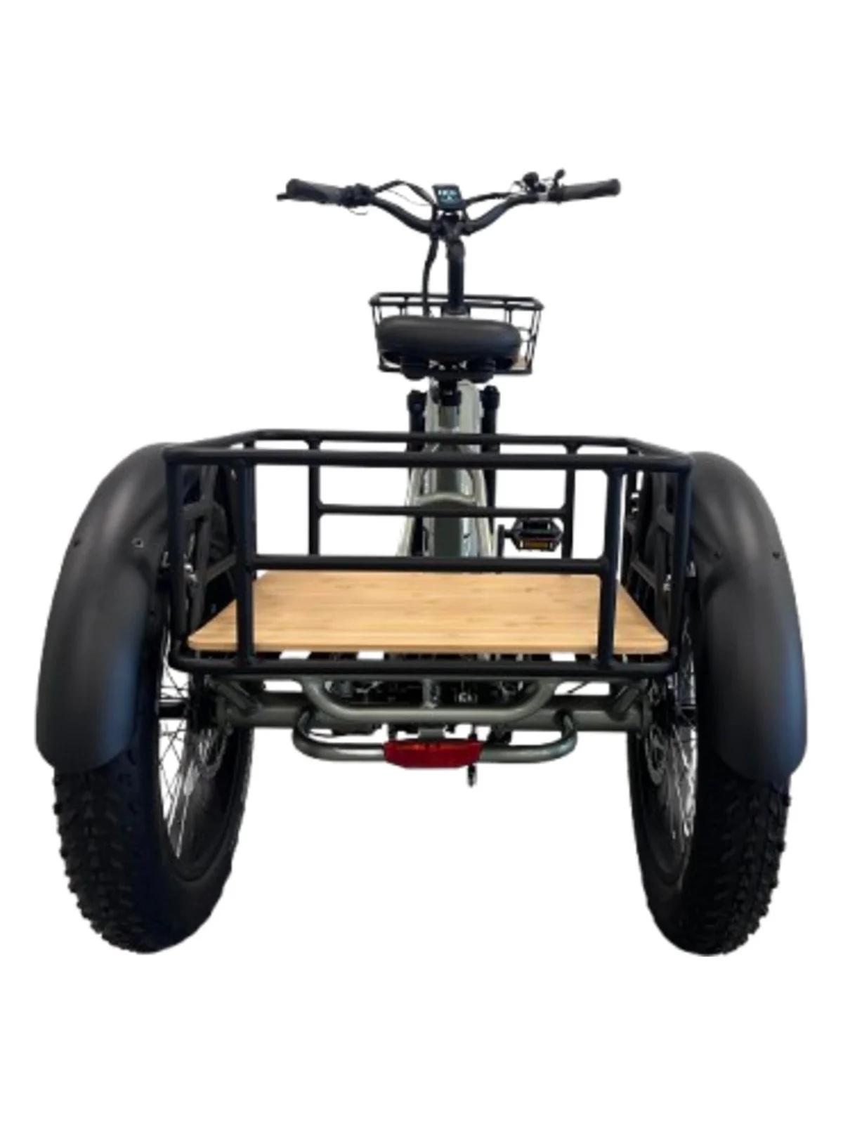 Ryder Drover e-trike rear view showing differential rear axle and fat tyres